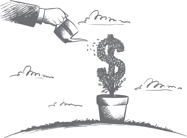 Sketch of someone watering a tree that looks like the dollar sign.