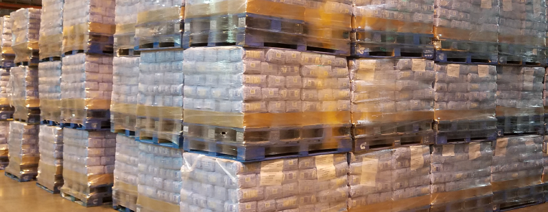 Picture of stacked and stored pallets of sugar at MP1.